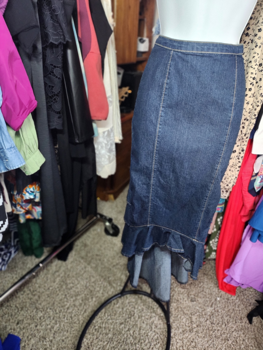 K Jordan Dark Blue Denim High-Low Ruffle Hem Skirt